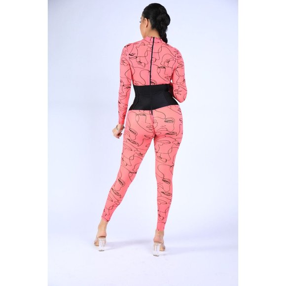 Face Contour Drawing Mesh Skinny Jumpsuit Long Sleeve Neon Pink Mock Neck - Picture 5 of 7